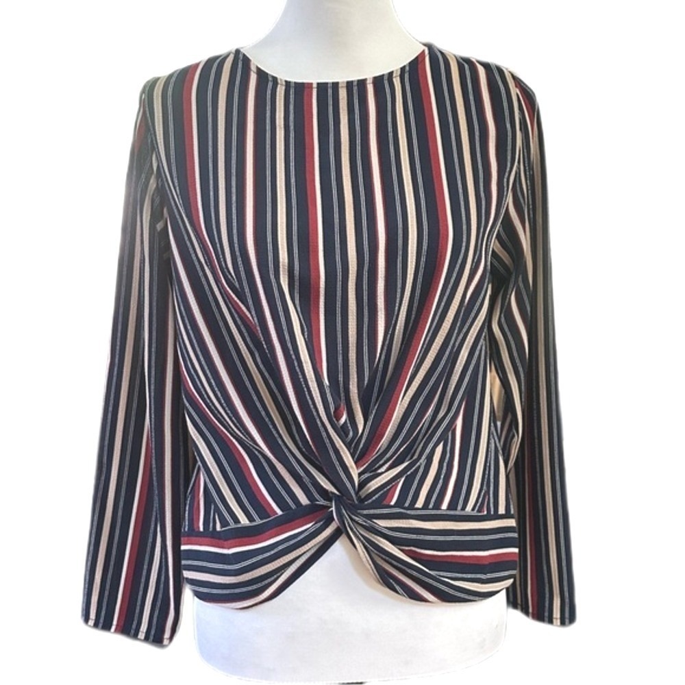 Urban Romantics Striped Twist Front Long Sleeve Navy Burgundy Womens Small